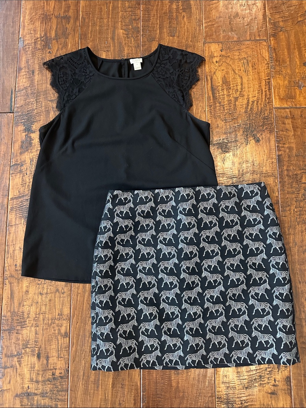 J. Crew Black Mini Skirt w/ Silver Zebra Print and Black Blouse w/ Lace Detail